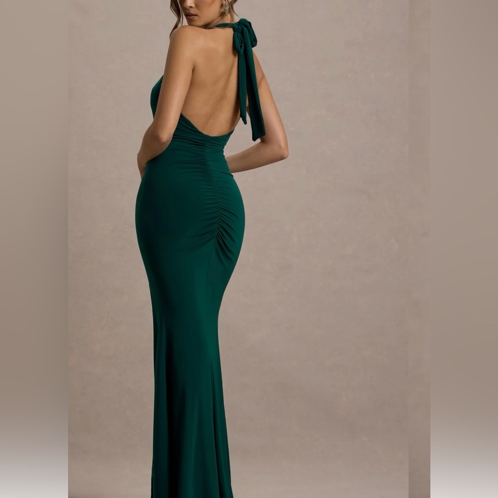 CLUBL BOTTLE GREEN BACKLESS V PLUNGE HALTER NECK MAXI DRESS WITH SIDE SPLIT